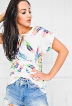 T-shirt damski nadruk kolorowe piórka