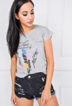 T-shirt nadruk kolorowe piórka i napisy