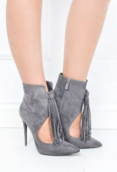 Botki na szpilce faux suede frędzel