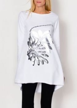 Tunika trapezowa srebrny nadruk kwiaty